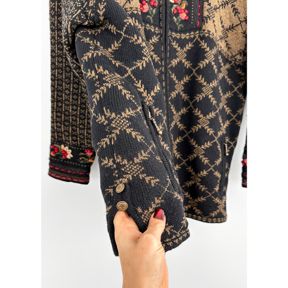 Icelandic Designs Brown Black Floral Embroidered Scandigirl Wool Knit Sweater - Picture 4 of 12